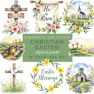 Puede incluir: Una colección de imágenes prediseñadas cristianas de Pascua en acuarela. Las imágenes incluyen cruces, iglesias, coronas florales y los textos "He is Risen!" y "Easter Blessings." El paquete de imágenes prediseñadas contiene 18 archivos PNG a 300 DPI.