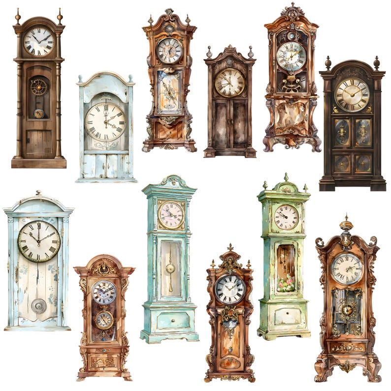 Watercolor Grandfather Clock Clipart | 24 Vintage Pngs (digital ...