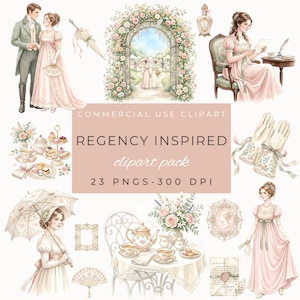 Könnte beinhalten: Ein digitales Clipart-Paket mit Regency-Thema. Das Bild zeigt Illustrationen von Paaren in historischer Kleidung, Blumenbögen, Teesets, Handschuhen und Damen mit Sonnenschirmen. Der Text lautet "Regency Inspired Clipart Pack" und "23 PNGS-300 DPI".