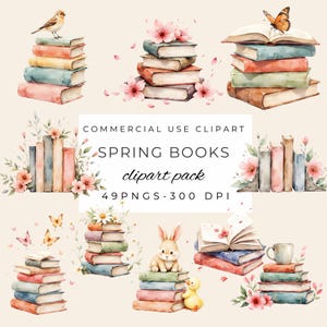Può includere: Pacchetto di clipart ad acquerello con pile di libri dai colori pastello, adornate con fiori, farfalle e un uccello. Il testo recita "Spring Books clipart pack". Perfetto per progetti di arte digitale.