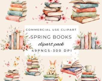 Spring Book Stack Clipart - Whimsical Books PNGs - Book Lover Clipart - Watercolor Book Art - Floral Books PNGs