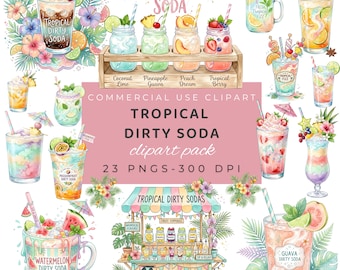 Tropical Dirty Soda Watercolor Clipart Bundle, Summer Soda PNGs, Cute Drink Clipart, Pastel Soda Shop Graphics