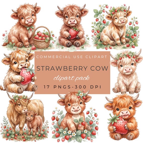 Strawberry Cow Clipart, Cute Highland Cow PNG, Digital Download for Kids, Farm Animal Art, Nursery wall decor by ClipartCuriosity