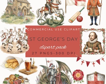 St George's Day Clipart, England Watercolor PNG, English Heritage, Tudor Rose, Knight & Dragon, British Symbols Clipart, Commercial Use