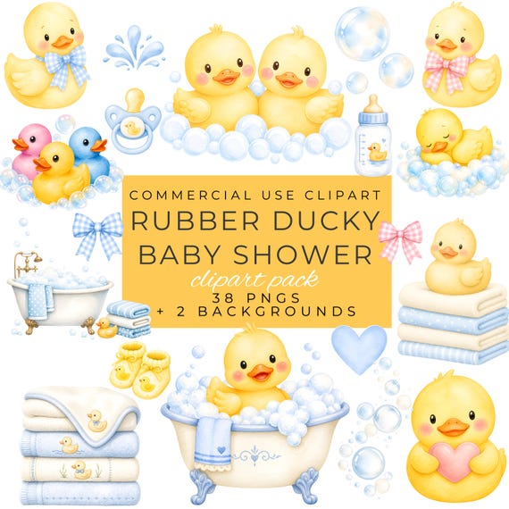 Rubber Ducky Baby Shower Clipart, Cute Duck Illustrations, Bath Time Digital Download, Baby Shower PNG, Fun Clip Art, Rubbery Duck PNG by ClipartCuriosity