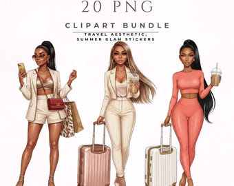Paquete de imágenes prediseñadas de chica negra de vacaciones, 20 PNG de viajes y pegatinas de glamour de verano.