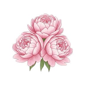 Puede incluir: Ilustraci&oacute;n digital de tres peon&iacute;as rosas con hojas verdes sobre fondo blanco. Las flores est&aacute;n en plena floraci&oacute;n, con m&uacute;ltiples capas de p&eacute;talos. Imagen de dise&ntilde;o floral.