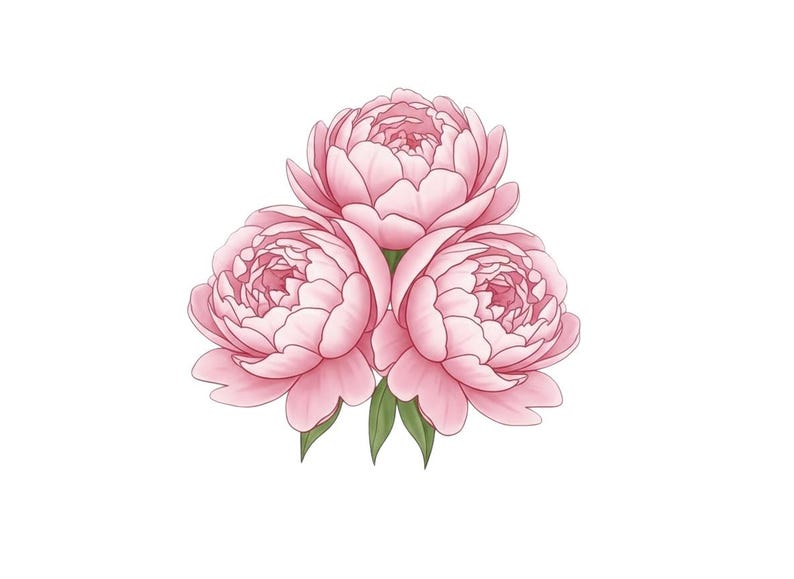 Puede incluir: Ilustraci&oacute;n digital de tres peon&iacute;as rosas con hojas verdes sobre fondo blanco. Las flores est&aacute;n en plena floraci&oacute;n, con m&uacute;ltiples capas de p&eacute;talos. Imagen de dise&ntilde;o floral.