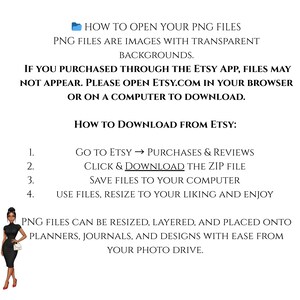 Puede incluir: Texto blanco sobre fondo blanco que explica c&oacute;mo abrir y descargar archivos PNG comprados en Etsy. El texto explica c&oacute;mo descargar desde Etsy y usar los archivos para planificadores y dise&ntilde;os. Una mujer con un vestido negro a la izquierda.