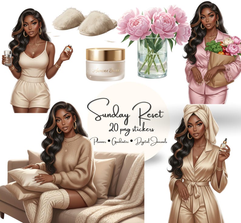 Puede incluir: Ilustraci&oacute;n digital con una mujer en atuendo beige, zapatillas, un tarro de crema y un ramo de peon&iacute;as rosas. El texto "Sunday Reset" es visible, junto con otro texto.
