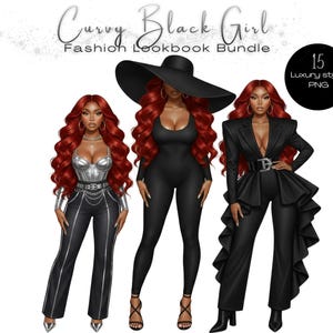 Puede incluir: Ilustración digital de tres figuras de moda con cabello ondulado rojo. Llevan un bustier plateado y pantalones negros, un mono negro y un sombrero de ala ancha, y un traje negro con peplum. El texto dice "Curvy Black Girl Fashion Lookbook Bundle."