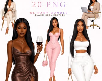 Hot Baddie Clipart Bundle | 20 PNG Black Girl Fashion Clipart | Glam Boss Girl Aesthetic | Sleek Hair Planner Stickers | Digital Download