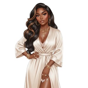 Puede incluir: Ilustraci&oacute;n de una mujer con cabello largo, ondulado, negro y marr&oacute;n, vestida con una bata de sat&eacute;n color crema. Est&aacute; adornada con joyas de oro, incluyendo collares, pulseras y anillos. La bata est&aacute; ce&ntilde;ida a la cintura y tiene una abertura en el muslo.