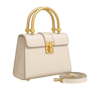 Puede incluir: Bolso de mano color crema con herrajes dorados. El bolso presenta un dise&ntilde;o estructurado con un asa superior y una correa para el hombro desmontable. El cierre y las asas son dorados, y el bolso es rectangular.