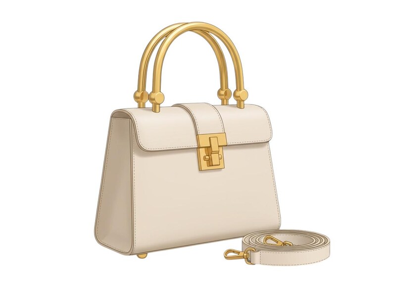 Puede incluir: Bolso de mano color crema con herrajes dorados. El bolso presenta un dise&ntilde;o estructurado con un asa superior y una correa para el hombro desmontable. El cierre y las asas son dorados, y el bolso es rectangular.