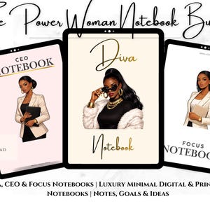 以下が含まれることがあります： The Power Woman Notebook Bundle は、CEO、Diva、Focus の 3 つのデジタルノートブックを特徴としています。各ノートブックの表紙には、ビジネスウェアを着た女性のイラストが表示されています。ノートブックは、メモ、目標、アイデアのために設計されています。