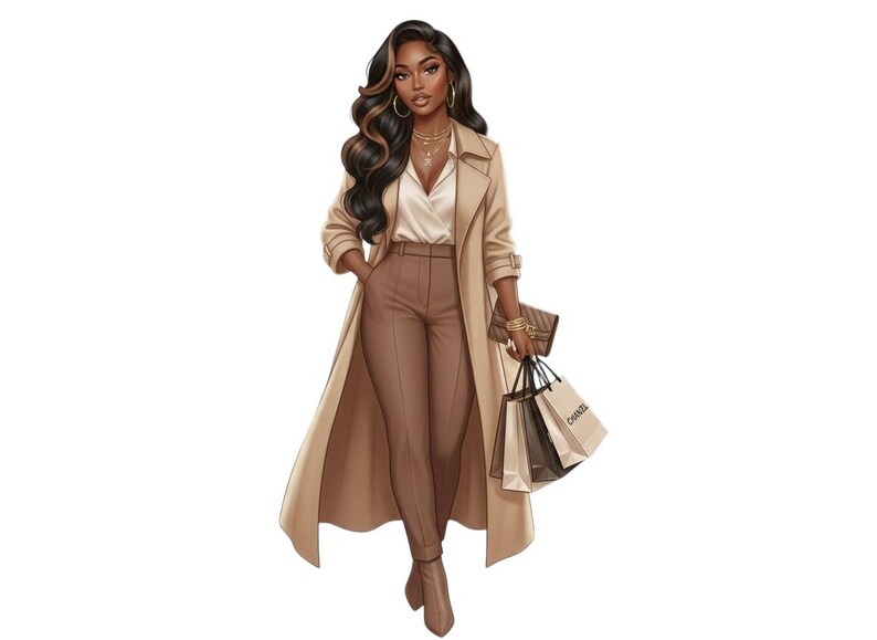 Puede incluir: Ilustraci&oacute;n de una mujer con gabardina beige, pantalones marrones y blusa blanca. Lleva un bolso de mano y bolsas de la compra con la palabra "CHANEL". Su cabello es largo y ondulado, con reflejos marrones oscuros y claros. Lleva joyas de oro.