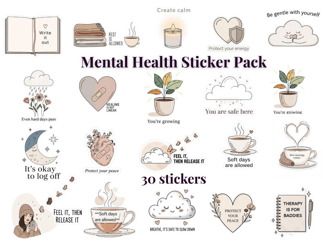 Mental Health Sticker Pack | Cozy Self Care & Therapy PNG Stickers ...