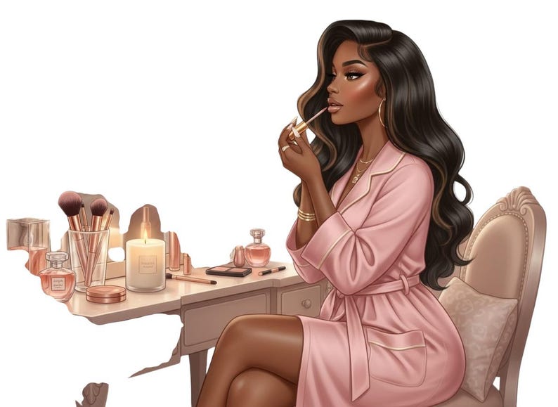 Puede incluir: Ilustraci&oacute;n de una mujer aplic&aacute;ndose brillo labial en una c&oacute;moda. La c&oacute;moda contiene brochas de maquillaje, perfume, una vela y otros productos de belleza. Lleva una bata rosa y est&aacute; sentada en una silla decorativa. Su cabello oscuro est&aacute; peinado con ondas.