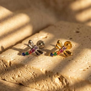 Dragonfly Multicolor CZ Flat Back Stud Earring • Rainbow Stones • Gold & Silver • Cartilage Piercing