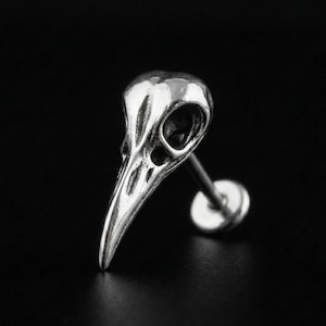 Bird Skull Plague Doctor Gothic Helix Cartilage Earring, Flat Back Labret Stud Chrome Silver