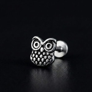 May include: A silver-colored owl-shaped earring stud. The owl has large, detailed eyes and a textured body. The earring post is a simple, round design. The background is a solid black.