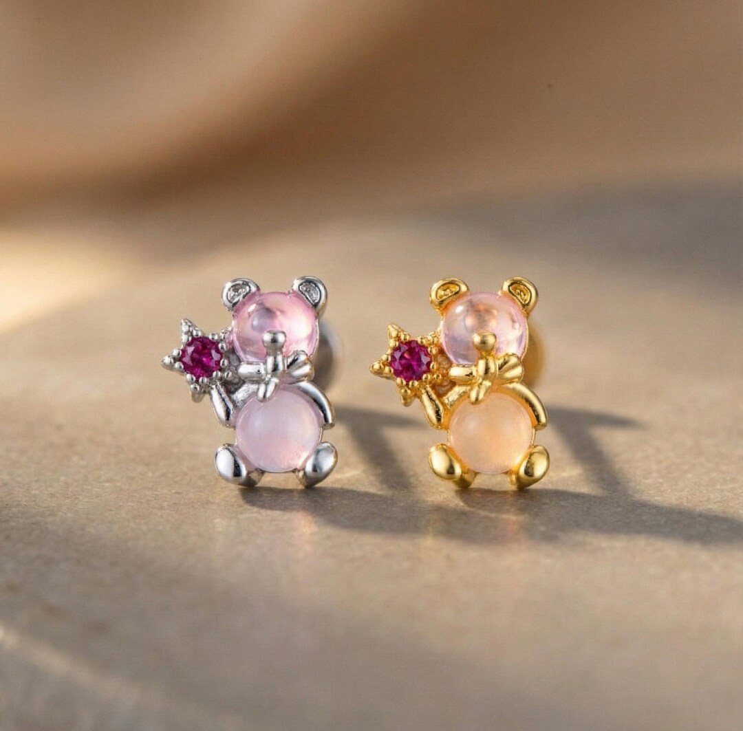Teddy Bear Flat Back Helix Piercing With Pink Stone | 316L Surgical ...