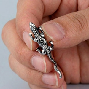 May include: A detailed silver-colored lizard figurine with textured scales and tiny legs. The reptile has a long tail and is held in a hand. This decorative piece could be a pendant, charm, or small sculpture.