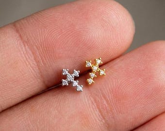 18G/16G Cross CZ Labret Stud Earring • Helix Earring • Tragus Earring • Flat Back Earring • Cartilage Earring • Conch • Helix Stud • Gift