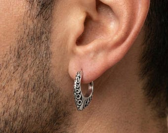 Gothic Hoop Earrings – Unisex Silver Swirl Huggie Earrings, Dark Alternative Jewelry