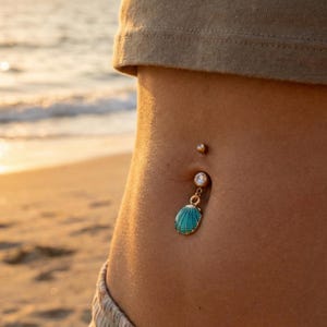 Minimal Turquoise Seashell Oyster Shell Dangle Belly Button Ring Navel Curved Barbell Blue Purple