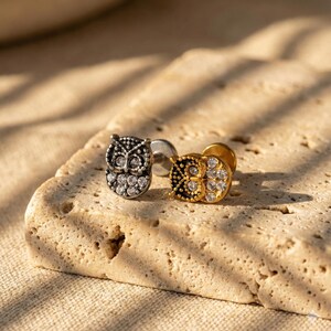 May include: Two owl-shaped stud earrings. One is silver-toned with clear crystal accents, the other is gold-toned with black enamel and clear crystal accents. The earrings are displayed on a textured, light-colored surface.