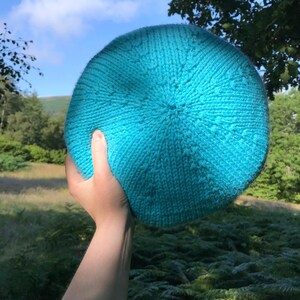 May include: A bright turquoise knitted ball held in a hand against a green and blue background.