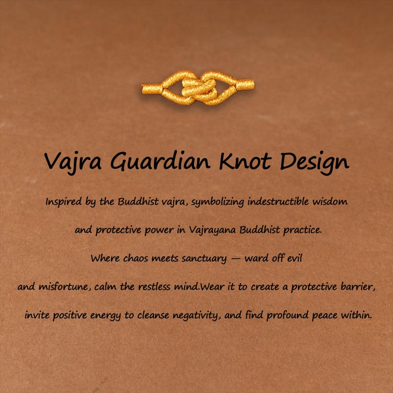 May include: A gold-colored Vajra Guardian Knot design, inspired by the Buddhist vajra. The text on the image reads: "Vajra Guardian Knot Design" and describes the knot's symbolism of wisdom and protective power.