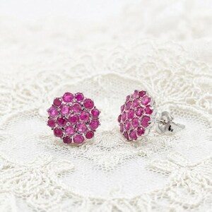 Genuine Ruby Cluster Stud Earrings, Sterling Silver Flower Design, July Birthstone Jewelry