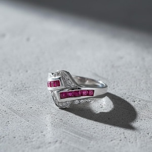 Quadratischer Rubin Diamant Ring, 925 Sterling Silber-Bypass-Design