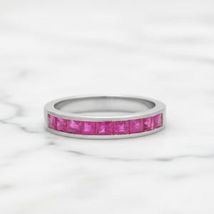 Square Cut Ruby Band Ring, 925 Sterling Silver Channel Set