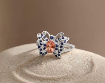 Sapphire Butterfly Ring, 925 Sterling Silver, Whimsical Animal Jewelry
