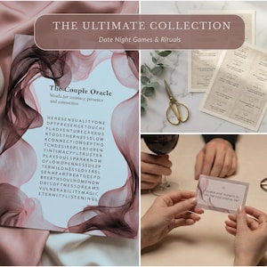 May include: A collection of date night games and rituals. The image features a candle, a book titled "The Couple Oracle", cards, scissors, and glasses of red wine. The book has a pink and brown abstract design with a list of words.