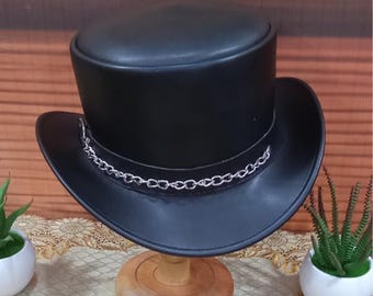 Handmade Black Leather Top Hat Gothic Steampunk Style Hat