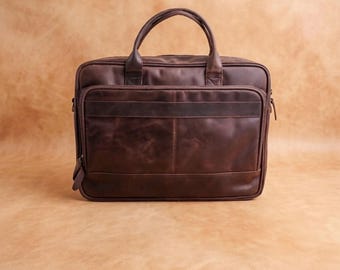 Handmade Brown Leather Laptop Bag – Vintage Work Briefcase Office Style
