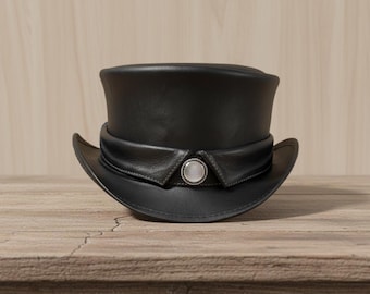 Handmade Black Leather Top Hat – Gothic Steampunk Style