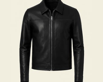 Handmade Black Lambskin Men Black Leather Jacket, Clean Harrington Look