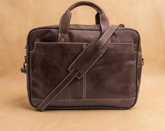 Leather Laptop Bag Brown Full Grain Briefcase – Mens Work Office Style