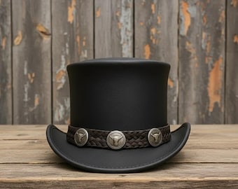 Handmade Black Cowhide Leather Top Hat – Western Gothic Steampunk Style