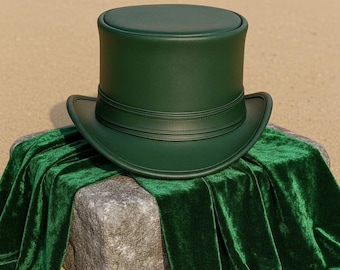 Handmade Green Cowhide Leather Top Hat – Steampunk Cosplay Statement Hat