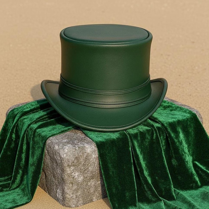 Handmade Green Cowhide Leather Top Hat – Steampunk Cosplay Statement Hat