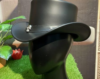 Black Leather Top Hat with Skull Band, Gothic Steampunk Style