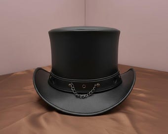 Handmade Black Leather Top Hat: Steampunk Gothic Chain Hat