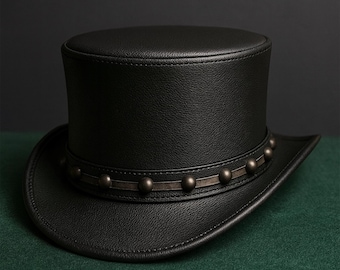 Black Cowhide Leather Steampunk Top Hat with Studded Band – Bold Western Gothic
